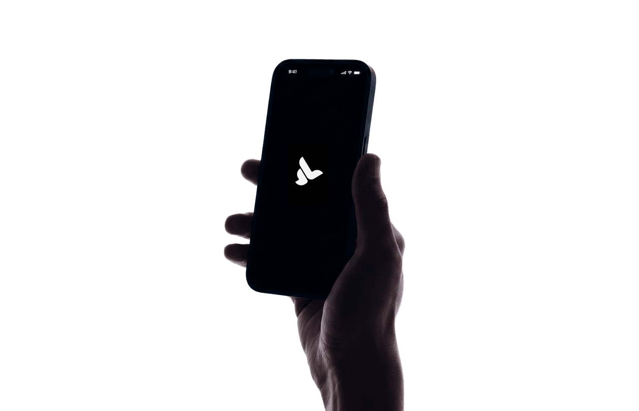 Hand holding a phone showing the Lessbird app logo